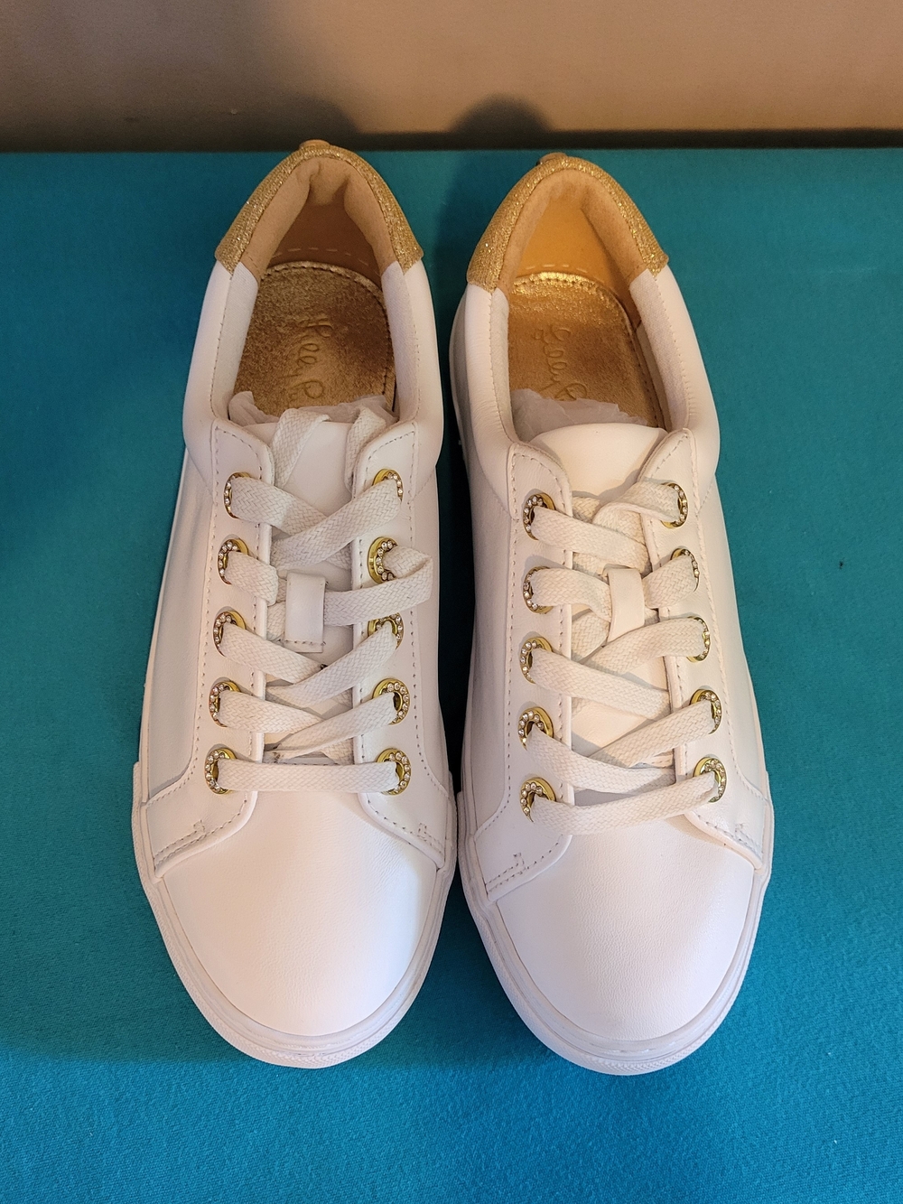 Lilly Pulitzer HALLIE LUX White Sneakers with Gold Accents